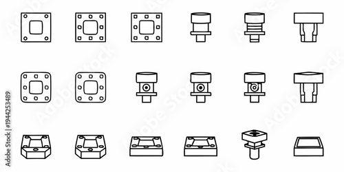 A set of various mechanical mounting bracket icons in a flat line art style