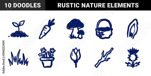Rustic hand-drawn garden and forest elements with naive marker sketch aesthetic. Organic cottagecore doodles featuring mushrooms, plants, and nature.