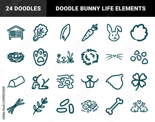 Hand-drawn rabbit care and bunny lifestyle elements for organic pet branding. Rustic, naive marker sketch illustrations of pet supplies.