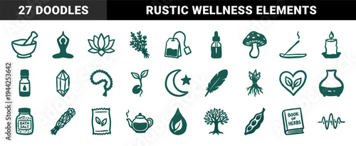 Holistic wellness and herbal medicine hand-drawn elements for organic branding. Rustic naive marker sketch illustrations of spiritual and natural healing.
