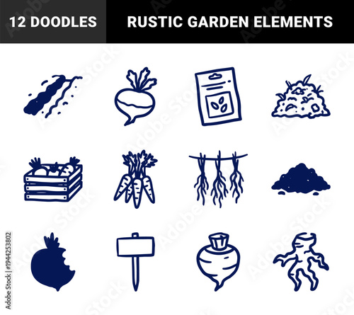 Hand-drawn rustic root vegetable and gardening elements for organic farming identity. Naive marker sketch illustrations of harvest and soil.