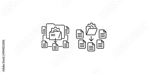 Data management and organization concept with folder, files, and gear icon, showing process of data transfer and processing for efficient workflow