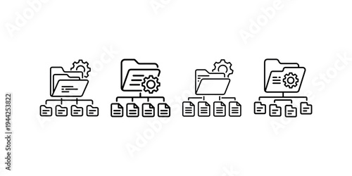 Vector set of professional folder organization icons depicting complex file structures with cogwheels for technical documentation and server management