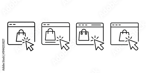 Online shopping click icon set, depicting a cursor clicking on a shopping bag within a browser window, symbolizing e-commerce and digital purchasing