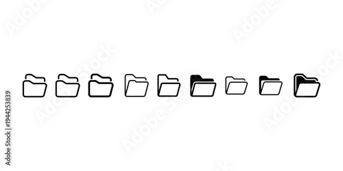 Collection of folder icons in a row, illustrating document storage, organization, and file management concepts with varying fills and styles