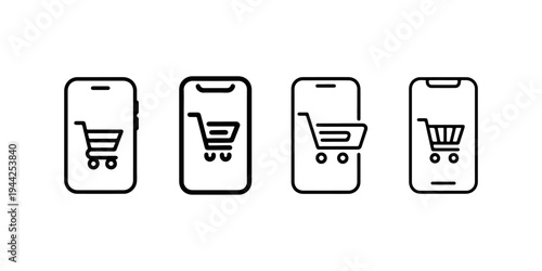 Set of mobile phone icons displaying a shopping cart, illustrating online shopping, e-commerce, and mobile commerce concepts with various designs