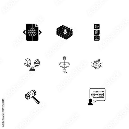 Ethical AI auditing and bias detection linear icon set, algorothmic transparency, explainable AI and fairness verification vector symbols