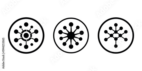 Three abstract network connection icons in circles on white background. Concept of link science molecule structure and communication