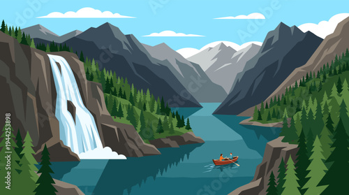 Two people row a boat on a pristine blue lake, surrounded by towering mountains, evergreen forests, and a powerful waterfall in a clean, modern vector style illustration.