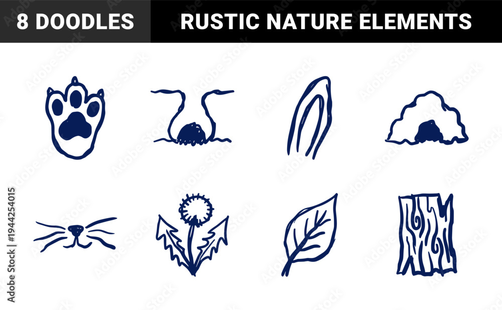 Fototapeta premium Hand-drawn woodland nature and wildlife elements for rustic brand identity. Naive marker sketch illustrations featuring animal tracks, burrow, and forest flora.