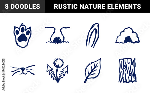 Hand-drawn woodland nature and wildlife elements for rustic brand identity. Naive marker sketch illustrations featuring animal tracks, burrow, and forest flora.