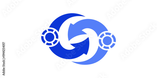A blue and white vector graphic illustrating a circular arrow symbol with two gear icons on either side, representing rotation and mechanics.