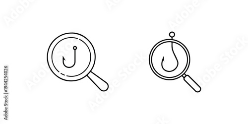 Magnifying glass with fishing hook, concept for search, discovery, investigation, phishing, cyber threat and data analysis