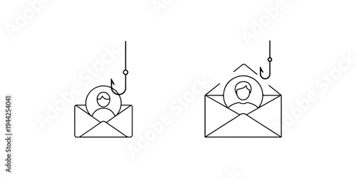 Email phishing attack icon set showing open envelope with user profile on fishing hook representing cyber security threats and personal data theft concept