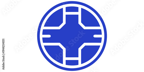 A blue and white vector graphic of a medical cross symbol in a circular shape