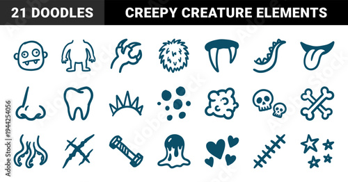 Hand-drawn spooky monster elements and creepy doodle assets for Halloween branding. Naive marker sketch illustrations featuring creature parts and gothic symbols.