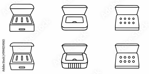 A set of six minimalist illustrations of various cash registers in a flat line art style