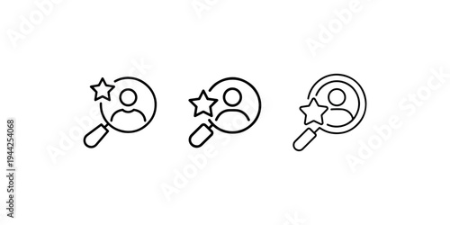 User search with star icon set featuring magnifying glass focused on person profile and favorite rating mark representing recruitment and talent discovery