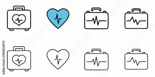 A set of medical icons featuring heart rate and first aid symbols in a flat, minimalist design