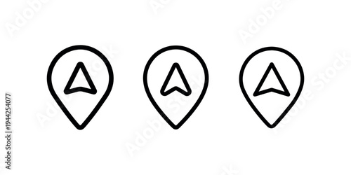Three identical black outline map pointer icons with a navigation arrow inside each, set against a pristine white background for web and app design