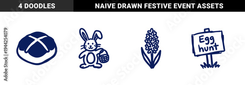 Hand-drawn Easter holiday elements with rustic blue marker aesthetic. Naive doodle illustrations featuring hot cross bun, bunny, hyacinth, and egg hunt sign.