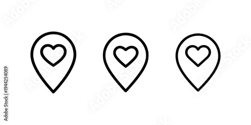 Three identical black outline map pointer icons with a heart shape inside each, set against a pristine white background symbolizing favorite places