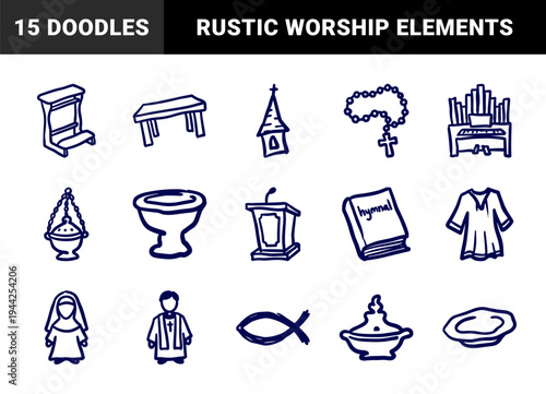 Ecclesiastical christian liturgy elements for religious branding. Rustic naive marker sketch illustrations featuring church worship concepts.