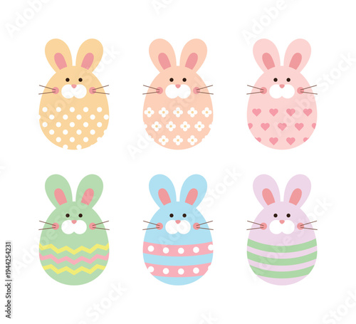 Set of cute Easter bunny characters in egg shapes with various pastel colors and patterns. Flat vector illustration for holiday greetings, stickers, and spring seasonal decorations.