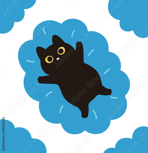 Cute illustration of a chubby black cat with big yellow eyes lying on a blue cloud. Flat vector character design for animal lovers, children's books, and creative stickers.