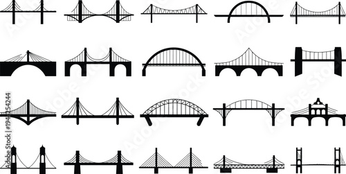 Bridge silhouette icon set including suspension, arch and cable stayed bridges, black infrastructure symbols collection for transportation, engineering, architecture and city design projects