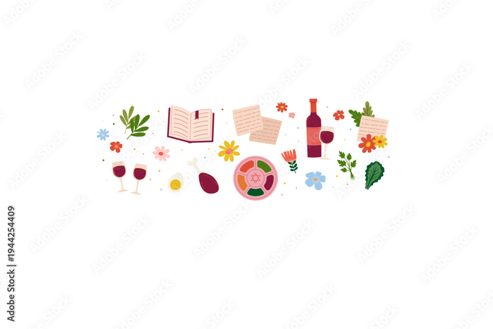 Fototapeta premium Passover Vector Illustration Set. Moses, Exodus Symbols, Matzah, Wine, Seder Plate Elements and Jewish Holiday Icon Collection