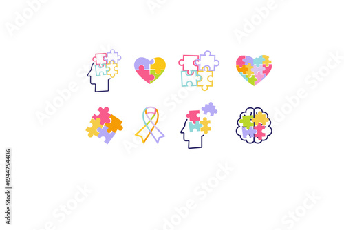 A collection of colorful puzzle piece symbols for Autism Awareness, including a heart, ribbon, and human silhouette illustration