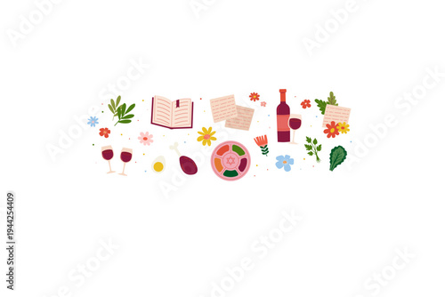 Passover Vector Illustration Set. Moses, Exodus Symbols, Matzah, Wine, Seder Plate Elements and Jewish Holiday Icon Collection
