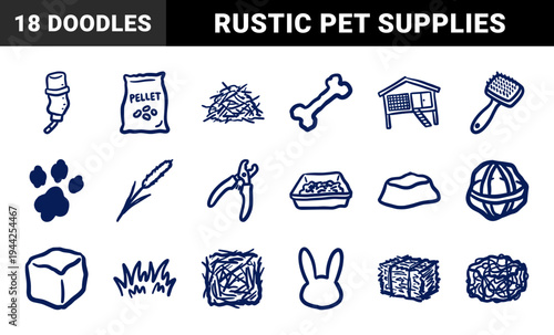 Rabbit and small pet care supply doodles for animal welfare branding. Rustic hand-drawn marker sketches featuring hutch, hay, and grooming gear.