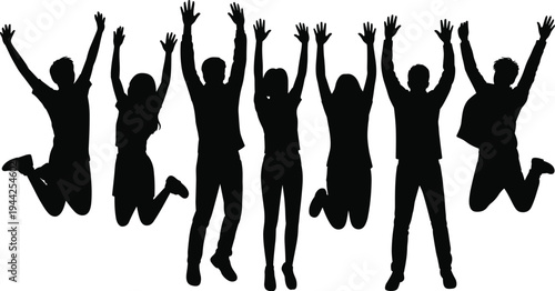 Black silhouettes of seven people jumping with raised arms, symbolizing joy, unity, teamwork, and celebration in artistic illustration for social gatherings and achievement themes