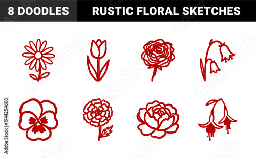 Hand-drawn red botanical doodles featuring tulip rose daisy and poppy. Rustic naive marker sketch flower illustrations for organic branding.
