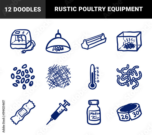 Hand-drawn poultry farming and veterinary care elements for organic agricultural branding. Rustic naive marker sketch of livestock equipment.