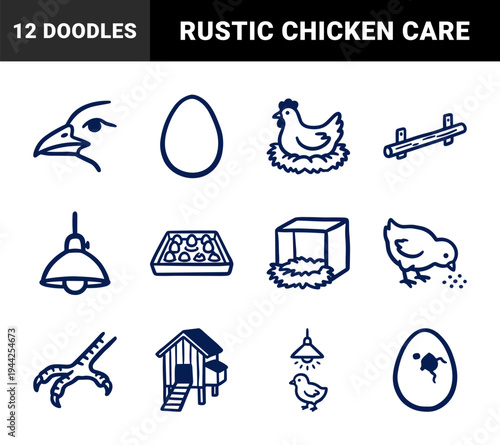 Hand-drawn poultry farming and chicken coop elements for organic agriculture branding. Rustic, naive marker sketch illustrations of livestock care.