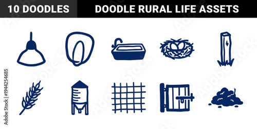 Hand-drawn rustic farming and livestock elements for organic agriculture branding. Naive marker sketch illustrations featuring rural life concepts.