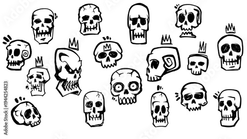 Big Set of 17 Skull Illustrations in Handcrafted Black Line Art for Urban Streetwear and Graphic Design Kits.