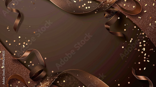 Bronze ribbons and confetti falling with bokeh lights on festive light brown celebration background, place for text. New Year, Christmas, birthday, holiday celebration banner