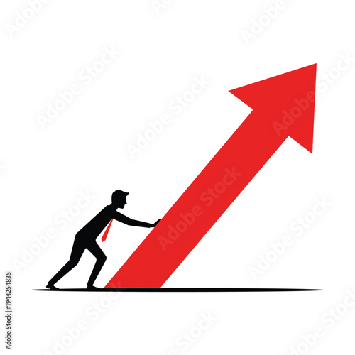 Business Success Concept – Silhouette Businessman Pushing Big Red Upward Arrow Symbolizing Determination, Financial Growth and Achievement