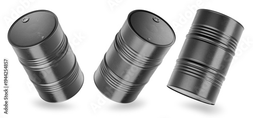 Obraz na plátně Black metal barrels on a white background