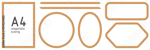 Rope frames. Set of string borders made of brush. Rectangular, A4 compatible, round, oval, hexagon shapes for decorative nautical, western designs. Vector illustration isolated on white background.