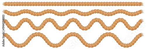Rope string patterns, set of braid line and wavy borders made of brush. Cowboy or nautical, marine knit cords. Western decorative textured cables. Vector illustration isolated on white background.