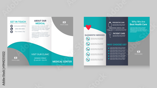 Professional medical trifold brochure template in modern teal and dark blue color scheme. Clean and minimal healthcare layout with smooth wave shapes. layout ideal for marketing and promotion.