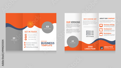 Modern Business Trifold Brochure Template with Orange and Blue Wave Design