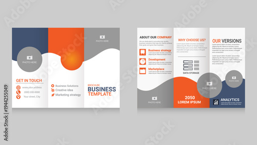 Modern Business Trifold Brochure Template with Orange and Blue Wave Design. Fully editable vector illustration isolated on light background.
