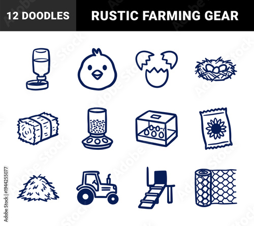 Hand-drawn chicken farming and poultry husbandry elements with rustic marker sketch aesthetic. Naive organic doodles for agricultural branding.