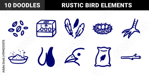 Hand-drawn poultry farming and bird care elements for organic agricultural branding. Rustic, naive marker sketch illustrations of avian life.